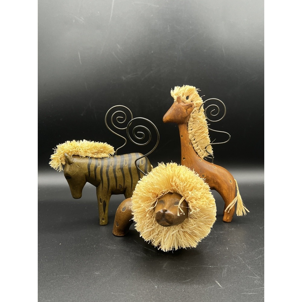 Carved Wood Animal Note Picture Holders Lion Giraffe Zebra Raffia Boho~ Set of 3